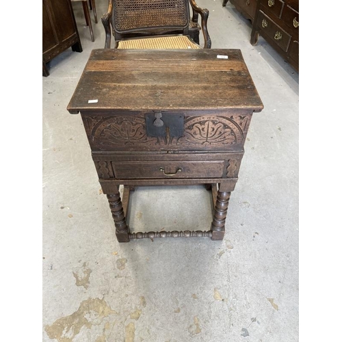 124 - 18th cent. Oak bible box on bobbin turned peg jointed stand. 21½ins. x 30ins. x 15ins.