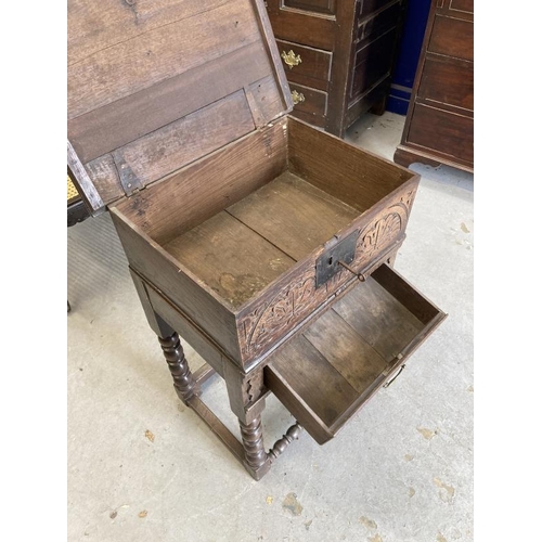 124 - 18th cent. Oak bible box on bobbin turned peg jointed stand. 21½ins. x 30ins. x 15ins.