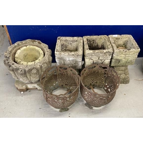 127 - Garden Stoneware: Mixed lot of seven concrete pots. Plus two iron planters. (9)