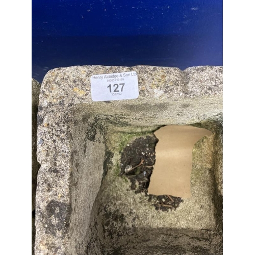 127 - Garden Stoneware: Mixed lot of seven concrete pots. Plus two iron planters. (9)