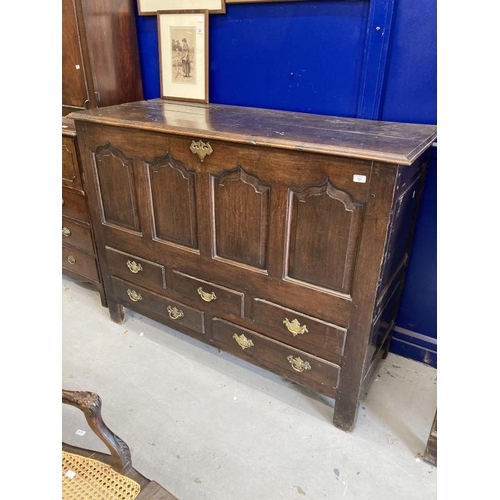 137 - 18th cent. Oak peg jointed mule chest, lift up top and three short and two long drawers. 59ins. x 46... 