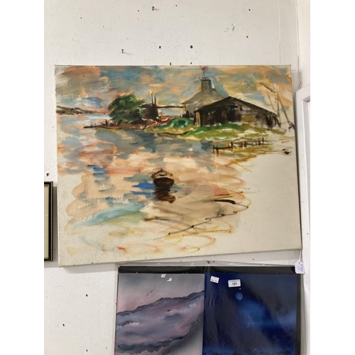 141 - English School: 20th cent. Oil on canvas estuary scene, unsigned. 30ins. x 24ins. Plus four Linda An... 