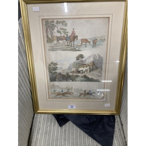 147 - 18th cent. Engraving of pastoral scenes and horse racing. Published August 6th 1790 by J.N. Fores, P... 