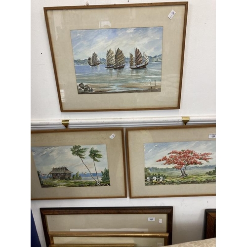 153 - Simon Yew (1898-1983): Watercolours, scenes of Borneo. Junks at Sail, House on Beach, Tree in Blosso... 