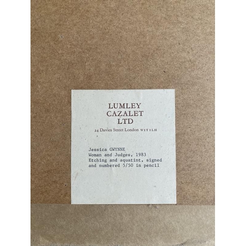 154 - Jessica Gwynne: Etching and aquatint, 'Woman and Judges', 1983, signed and numbered 5 of 50. Titled ... 