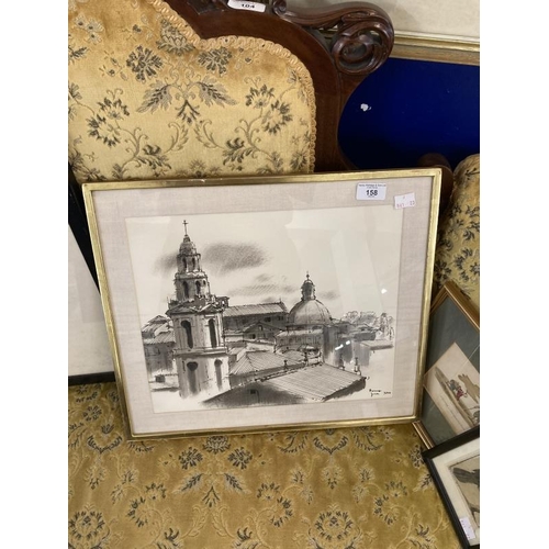 158 - 20th cent. Watercolour, Roman skyline, framed and glazed. 14ins. x 11½ins, print of a black cockatoo... 