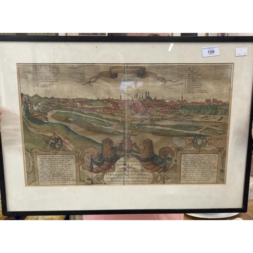 159 - 18th cent. Coloured print topographical view of Munich, framed and glazed. 19ins. x 11½ins.