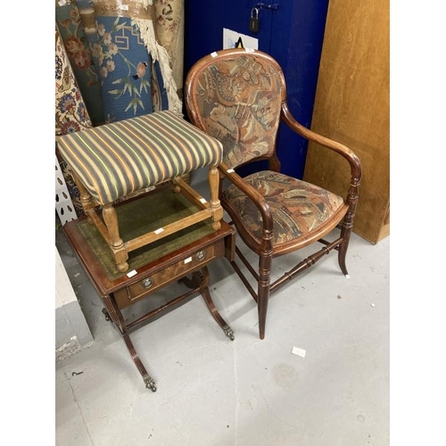 16 - Late 19th cent. Mahogany armchair, scroll arms, shaped seat, turned stretcher and carpet upholstery.... 