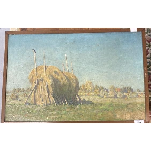 161 - Follower of Abram Arkhipov, oil on canvas board, landscape with a haystack in a field, indistinctly ... 