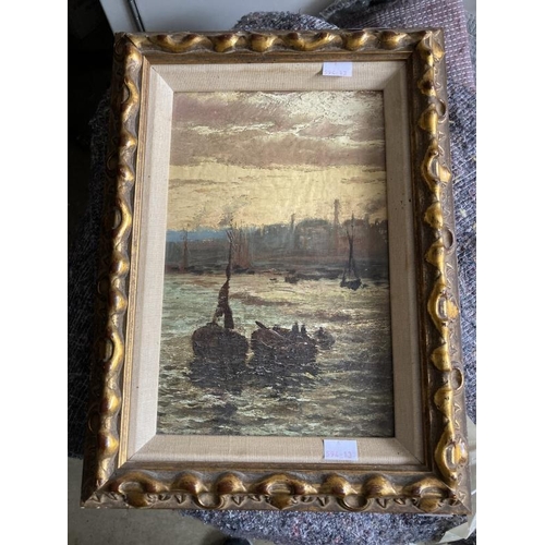 171 - English School: 19th cent. Oil on board, Thames barges on the river at twilight, unsigned, framed. 1... 
