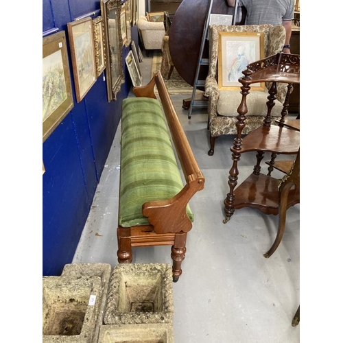 175 - Early 20th cent. Mahogany upholstered waiting room bench on turned supports, moveable back. Length 7... 