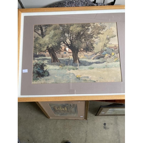 176 - Kenneth Brookes: Watercolour, trees, buildings and a woman, signed lower left, framed and glazed. 14... 