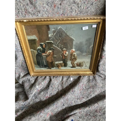 179 - 19th cent. Irish School: Oil on canvas, three boys helping an elderly woman in the snow, entitled to... 