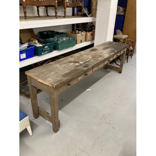 20 - 19th cent. Pine five drawer work bench. 98ins. x 21ins. x 30ins.