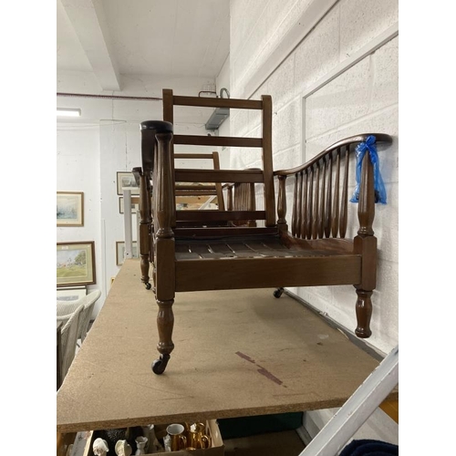 24 - 20th cent. Pair of mahogany tea planters style chairs, adjustable backs, scrolled arms, turned uprig... 