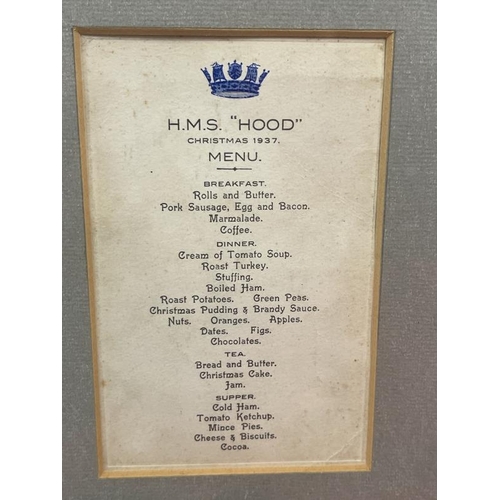 246 - Militaria/Royal Navy: H.M.S. Hood rare original H.M.S. Hood Christmas 1937 menu plus a Wright and Lo... 