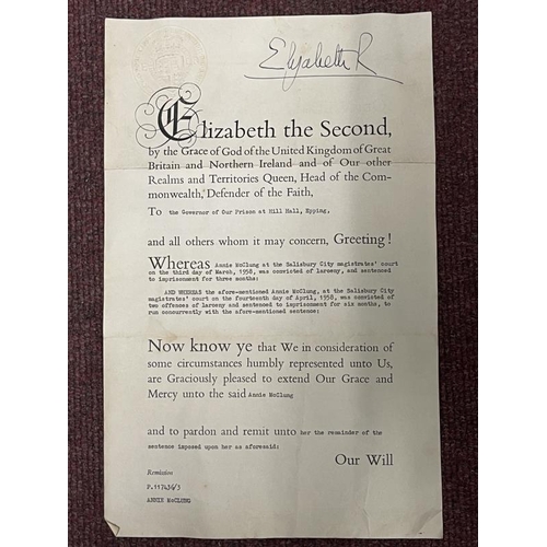 250 - Royal Pardon: H.R.H. Elizabeth II granted to Annie McKing Convicted 3, March 1958 and 14, April 1958... 