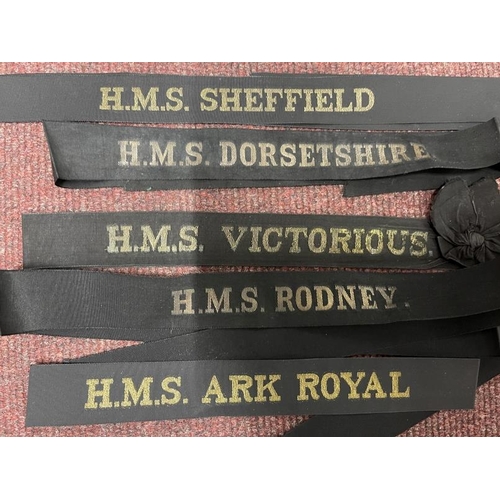 252 - Militaria/Royal Navy: Cap tallies from H.M.S. Rodney, H.M.S. Ark Royal, H.M.S. Victorious, H.M.S. Do... 