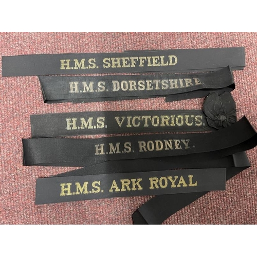 252 - Militaria/Royal Navy: Cap tallies from H.M.S. Rodney, H.M.S. Ark Royal, H.M.S. Victorious, H.M.S. Do... 