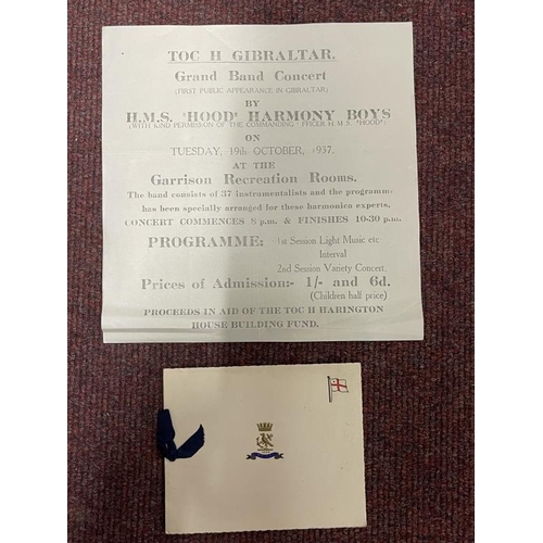 254 - Militaria: Rare H.M.S. Hood Harmony Boys publicity flyer October 1937 plus a shipboard H.M.S. Hood C... 