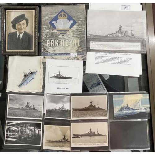 261 - Royal Navy: Mixed lot to include original Hood postcards, H.M.S. Sheffield souvenir napkin, 1942 Ark... 