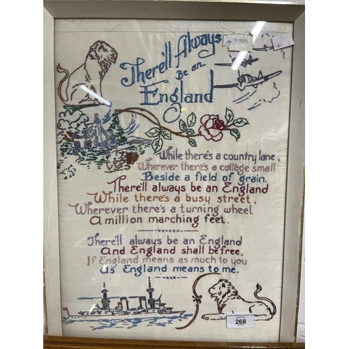 268 - Militaria: WWII patriotic needlepoint There'll Always be an England. 12ins. x 18ins. Plus a Battle o... 