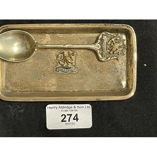 274 - Militaria/Royal Navy: H.M.S. Hood hallmarked silver pin tray. 4½ins. Plus a Hood souvenir spoon.