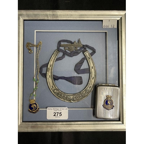 275 - Militaria/Royal Navy: H.M.S. Rodney sweetheart pendant, Vesta case and good luck horseshoe, framed. ... 