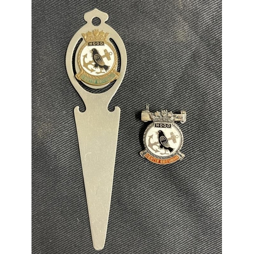 281 - Militaria/Royal Navy: H.M.S. Hood enamel and plated bookmark and pin badge.