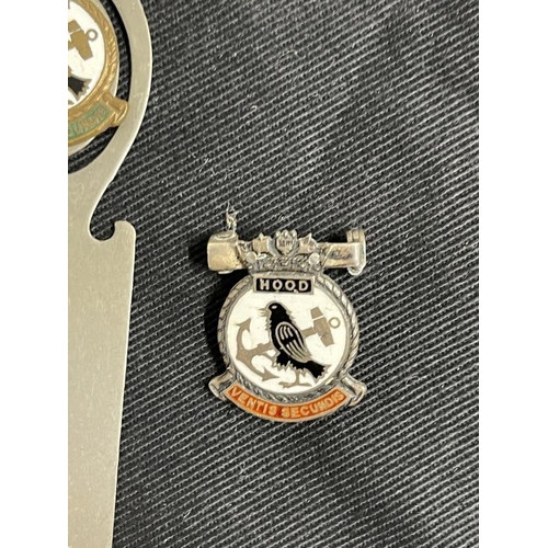 281 - Militaria/Royal Navy: H.M.S. Hood enamel and plated bookmark and pin badge.