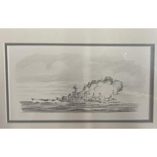 282 - Simon Fisher: Pencil drawing of H.M.S. Hood in action, signed bottom right. 10ins. x 5½ins.