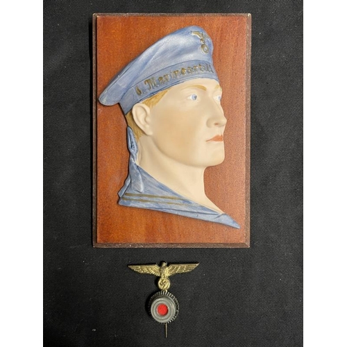 288 - Militaria: Unusual ceramic Kriegsmarine plaque depicting a sailor mounted on board. 6½ins. Plus a ca... 