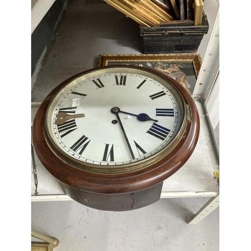 31 - Clocks: Mahogany cased circular wall clock, spring movement, white painted dial, Roman numerals. Dia... 