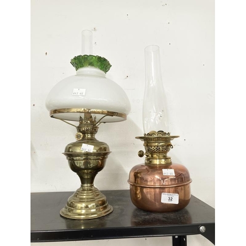 32 - Late 19th/early 20th cent. Oil lamps brass Veritas with white/green globe stamp to base. Plus anothe... 