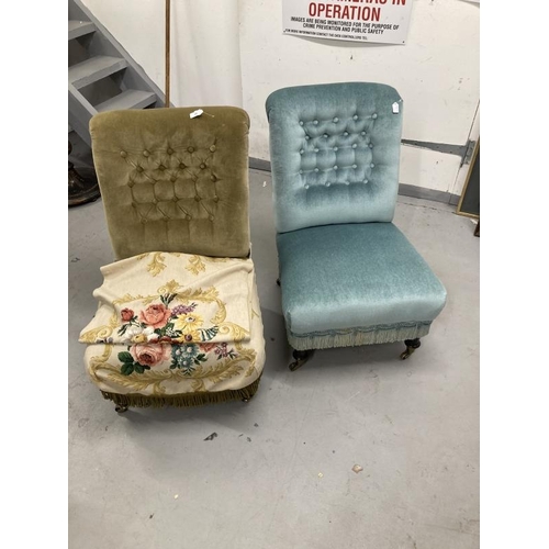 39 - 19th cent. Harlequin pair of Victorian upholstered nursing chairs on turned front supports on brass ... 