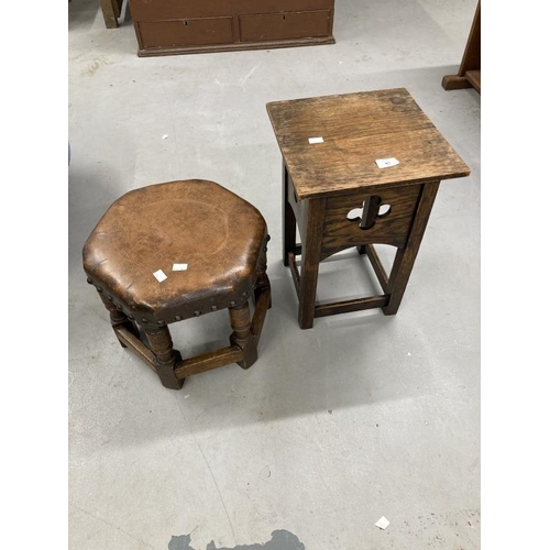 41 - 20th cent. Elm and beech wheel back carver, leather topped hexagonal stool plus small oak side table... 