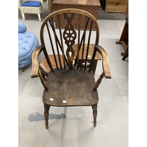 41 - 20th cent. Elm and beech wheel back carver, leather topped hexagonal stool plus small oak side table... 