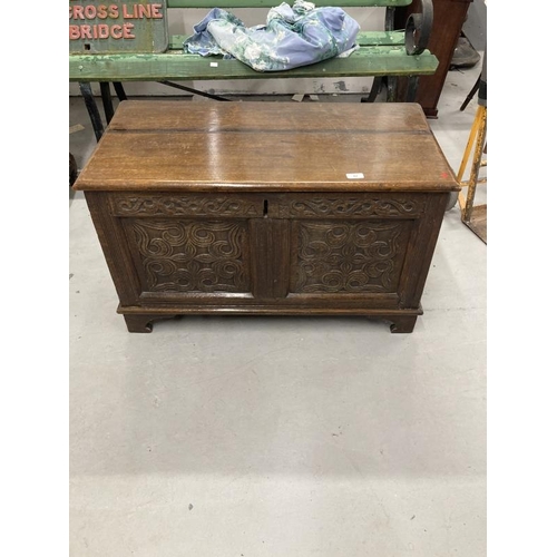42 - 18th cent. Oak six panel coffer of small proportions, carved floral decoration to front two panels o... 
