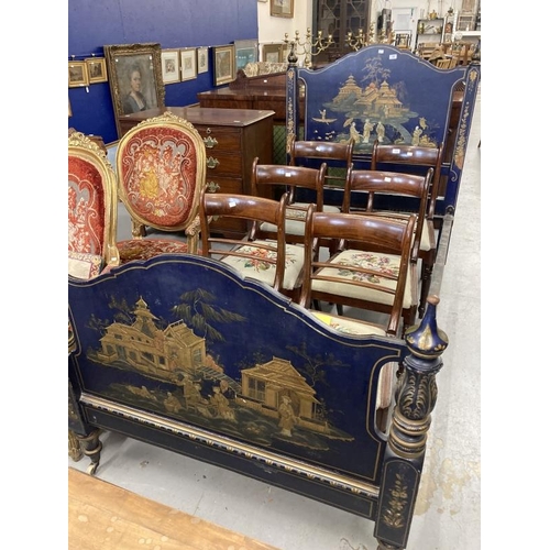 110 - 20th cent. Chinoiserie single bed with both head and foot board decorated in poly chrome relief in t... 