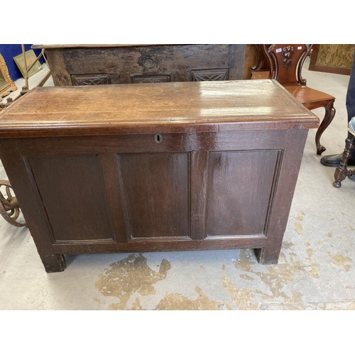 120 - 18th cent. Oak three panel coffer with candle box. 42ins. x 27½ins. x 18ins.