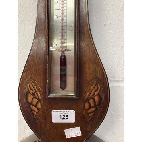 125 - Scientific Instruments: 19th cent. Oak cased barometer with floral and seashell fruitwood inlays. Si... 