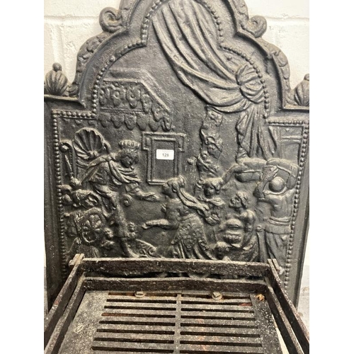 128 - Early 19th cent. Cast iron fire back depicting throned king with courtiers plus an early 20th centur... 