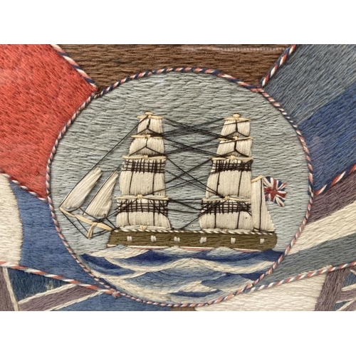 143 - Late 19th cent. Sailorwork wool picture, a central panel with ship surrounded by flags, framed and g... 