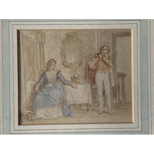 162 - English School: Watercolour couple in interior scene, bears label to the reverse Studio of Thomas St... 