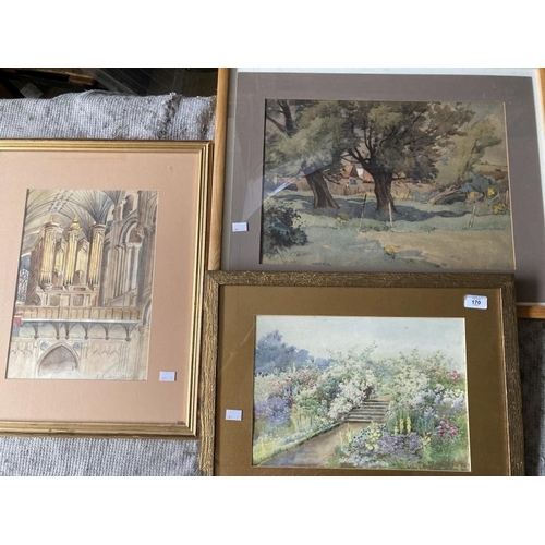 170 - Kenneth Brookes: Watercolour, trees, buildings and a woman, signed lower left, framed and glazed. 14... 