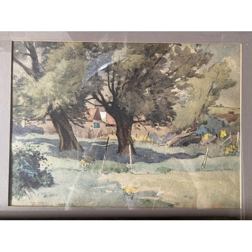 170 - Kenneth Brookes: Watercolour, trees, buildings and a woman, signed lower left, framed and glazed. 14... 