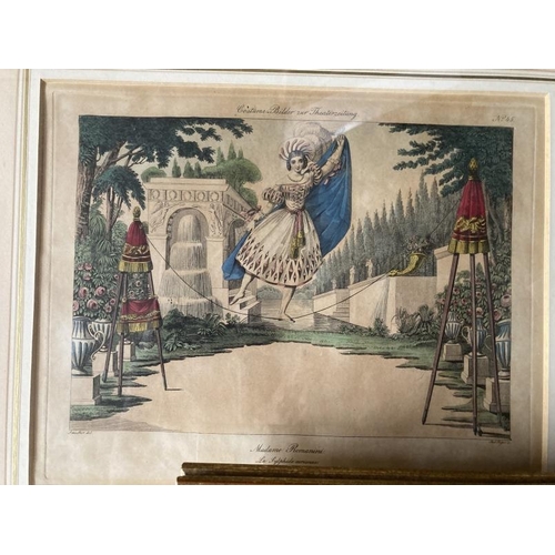 175 - Andreas Geiger: Coloured copper engraving of Madame Romanini on a tightrope, framed and glazed. 8½in... 