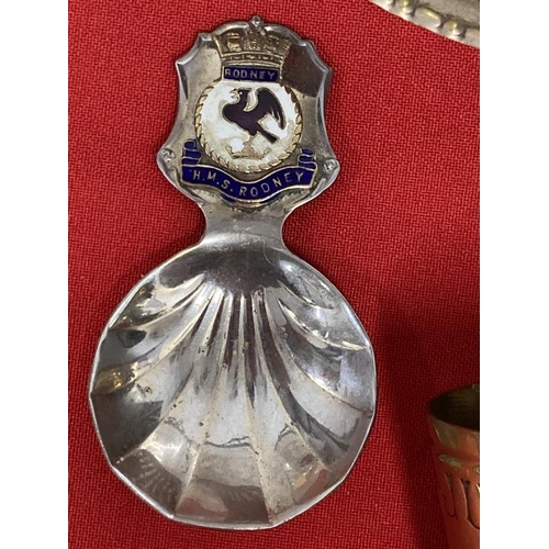 195 - Militaria/Royal Navy: H.M.S. Rodney rum measure, copper ashtray, caddy spoon and oval dish.