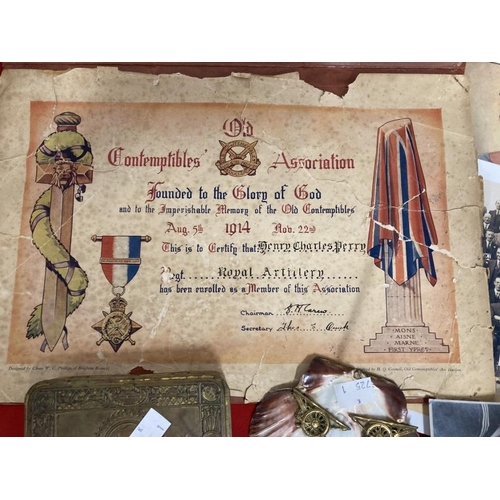 197 - Militaria: WWI memorabilia includes Old Contemptibles Association members certificate A/F, scallop s... 