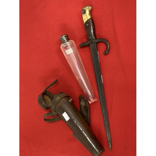 199 - Militaria: Early 20th cent. Officers flask in a leather case and a 19th century bayonet 17¾ins.